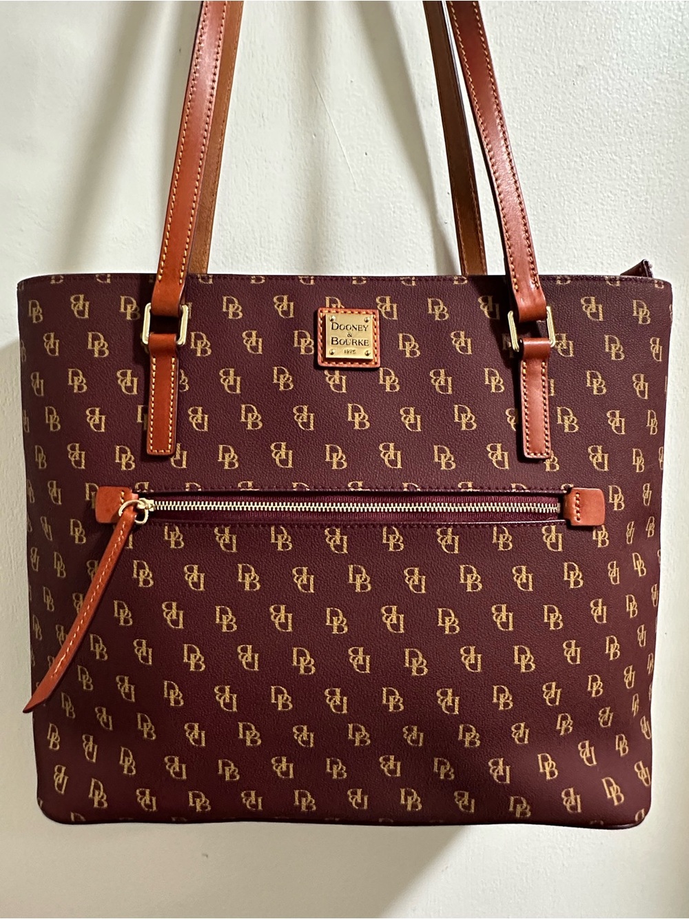 Dooney & Bourke Burgundy Gretta Logo Tote with Brown Leather Trim